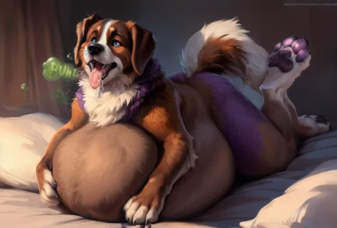 (st. bernard:1.3), dog (brown body:1.3), (brown and purple fur:1.3), blue eyes, detailed fur, male, anthro, shy, 5 fingers, paws...