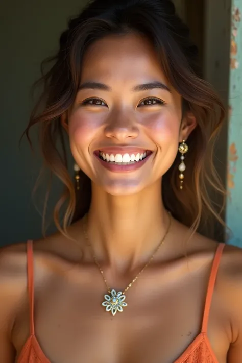 Generate for me a photo of a happy woman wearing a necklace