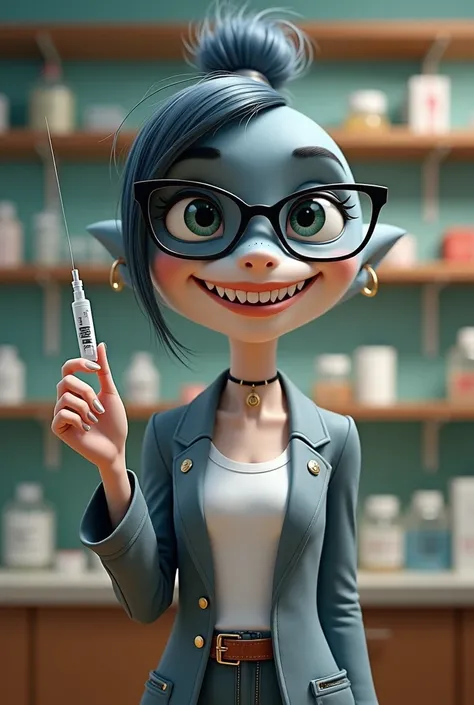  a female Pixar shark, with hair tied up,  style clothes wearing glasses , holding an injection in the hand, In the background a pharmacy .
