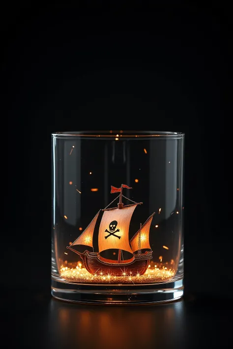 A photography of unequal square glass box with pirate boat with sparkle effect, dark background 