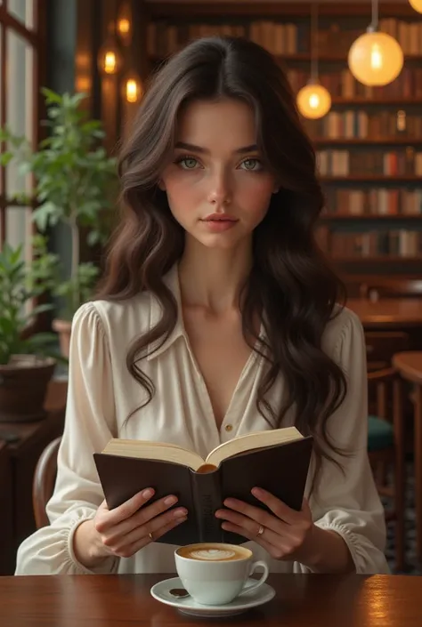 woman with brown hair, green eyes and white skin,  sitting in a cozy coffee shop while reading a book . She should wear elegant and reserved clothes ,  reflecting a classic and sophisticated style .  Her expression should be calm and focused ,  with a cup ...