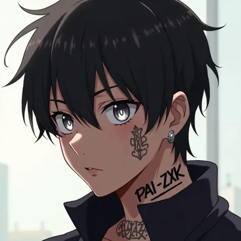 Anime character, young male, dark skin, short messy black hair, expressive glowing eyes, visible cheek tattoo under the right eye, visible tattoo under the left eye near the cheek with the word PAI ZXK in a stylish font, stylish letters, neck tattoo with i...