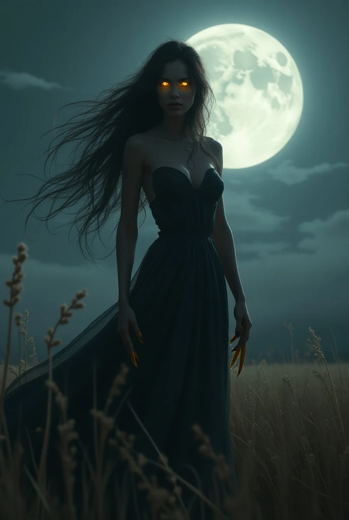 A strong woman with hair covering part of her back and arms. Its eyes glow golden, and its sharp claws reflect the moonlight. She is in an open field, howling at the full moonlit sky.