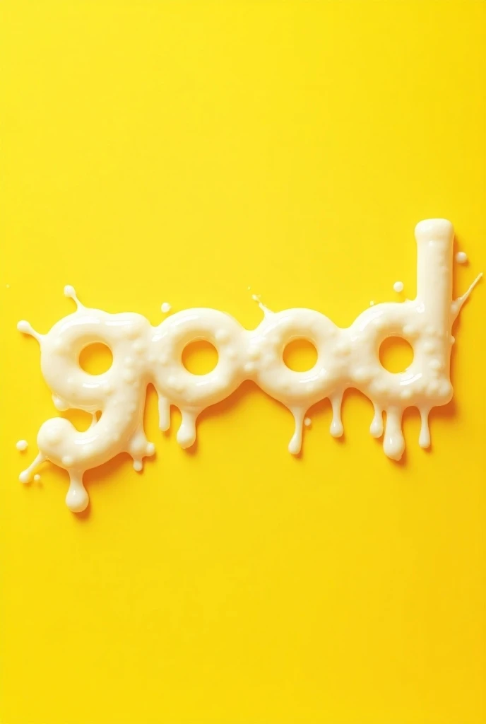 Create a vibrant realistic glossy shiny text name"GOOD MORNING "made of  splash condensed milk dripping  in each letter background yellow 