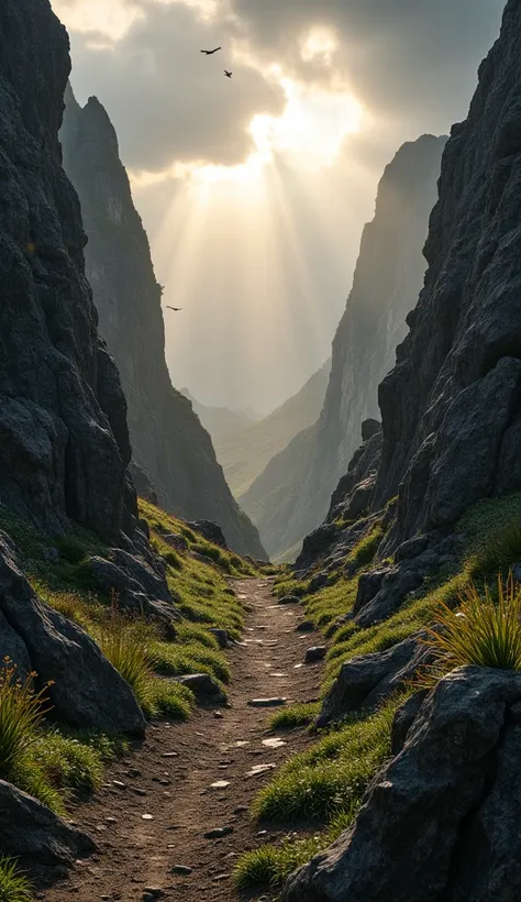 A symbolic and inspiring representation of courage: a rugged mountain path winding through a dramatic, rocky landscape, surrounded by towering cliffs and sharp edges. The path is narrow and challenging, illuminated by a radiant light breaking through heavy...