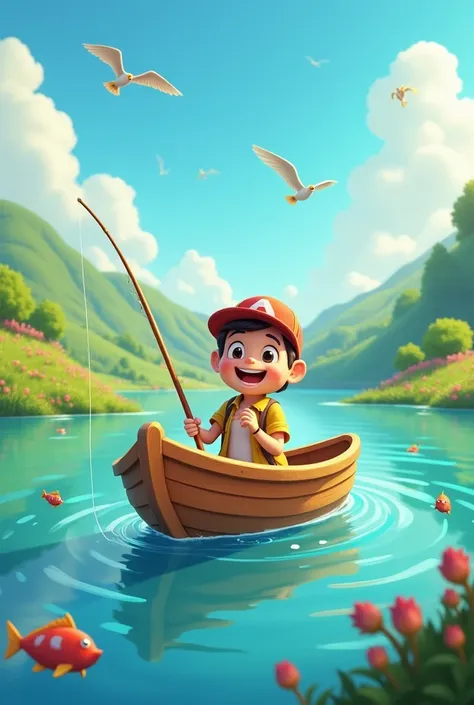 A person fishing in an animated boat
