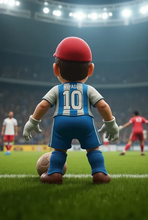 Mario with the Argentine jersey with the number 10 and who is shooting a free kick that there is a barrier and a Goalkeeper