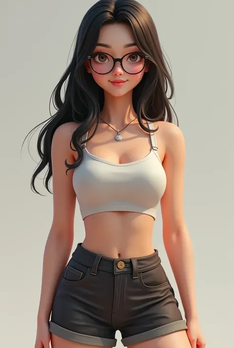 Make a realistic image, She has a,67 tall, white , chubby, wear glasses,slightly slanted eye ,  The clothes are in cropped and long shorts ,  small breast , hair above shoulder height ,  straight hair with slight ripples 