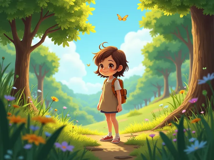 A girl in a dress,  short hair and brown color ,  who likes to explore nature