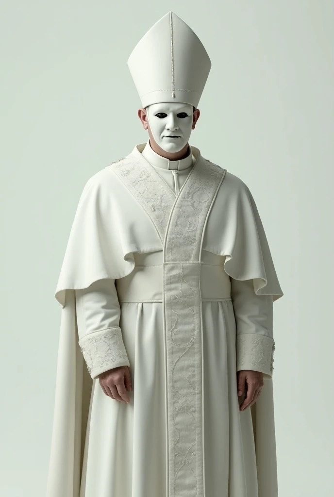 Masked pope in an intimidating white outfit