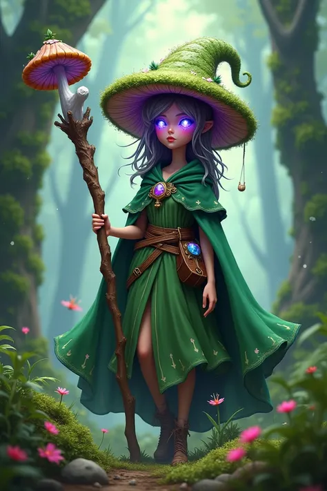 Mushroom girl, wearing mushroom crystal hat, holding staff, magic, 5 ft, purple glowing eyes, forest cape