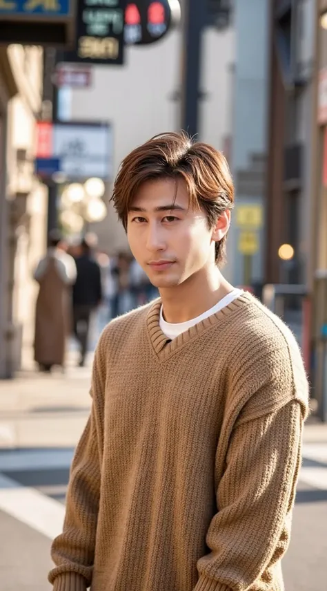 quality、image quality、 8k resolution、Handsome man，chineseidol，with perfect style、combed brown hair，Short hair detailclusive clothes、Light colored sweaters、the street、The smile is bright, Detailed faces, detailed eyes on board,