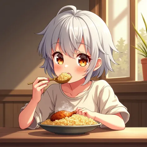 Anime girl with white short eating rice with chicken. Anime 2D Style. Warm color palette, cold shadows.