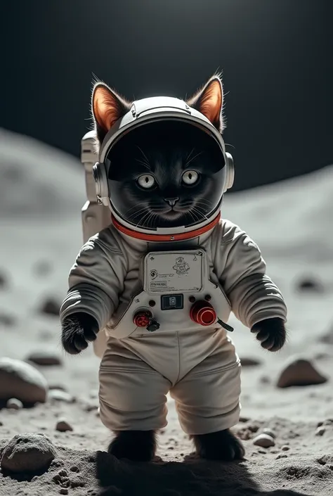 Lunar Surface、Sphinx、Realistic、Fantastic lighting、Beautiful views、geometry、A cute black kitten with a big head dressed as an astronaut、Cross your front legs、Bipedal