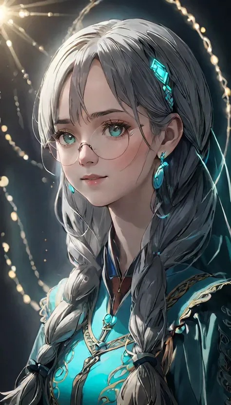  1 girl,  white skin、Caucasian、 very cute face、small nose、Fuller lips、Braids tied together、 French braid、Fatigue、  knight , dark, ((Grey Hair)),( Detailed Grey Eyes)、Natural color tunic, ethnic costumes,  upper body, perfect beauty, (( Blurry Background ))...