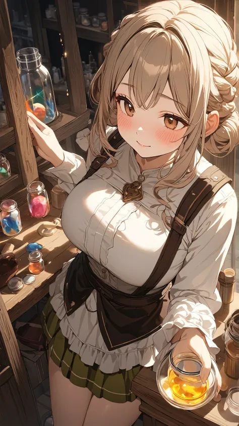 1 girl, ( cute face), Upstyle Hair, to many hairstyle, (blush:1.4), Look Away,  Big Breasts ,  Fantasy Alchemist Outfit, Portion jars,  cowboy shots,  detailed skin, break,  soft light , (Warm Light:1.2), (Atmosphere of Love :1.3), break, Atelier,  Coloure...