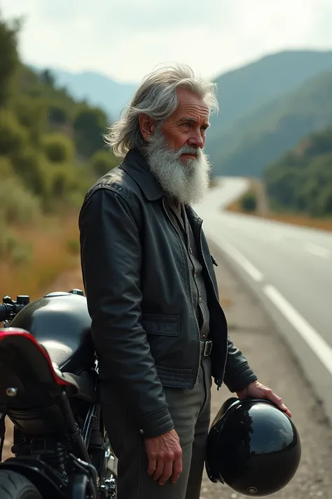 Create the image of an elderly rider, hair and a gray beard,  holding a helmet on the side of the highway leaning on a super sports bike, background uma rodovia.