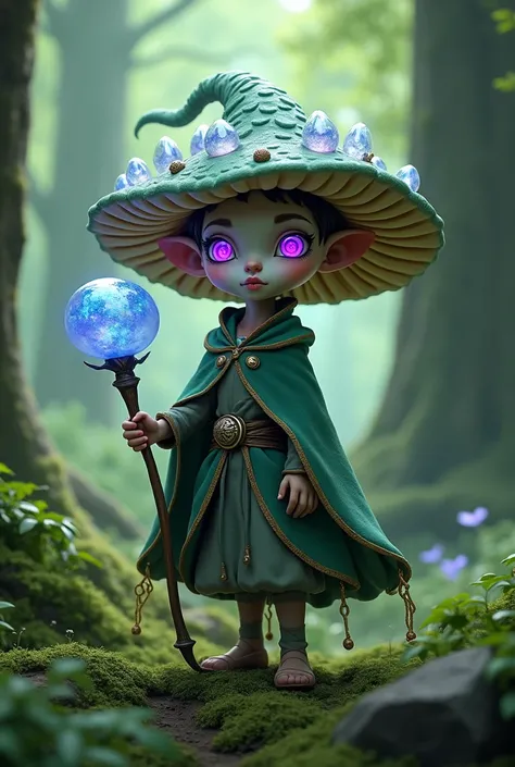 Mushroom girl, wearing mushroom crystal hat, holding staff, magic, 5 ft, purple glowing eyes, ashy skin, forest cape