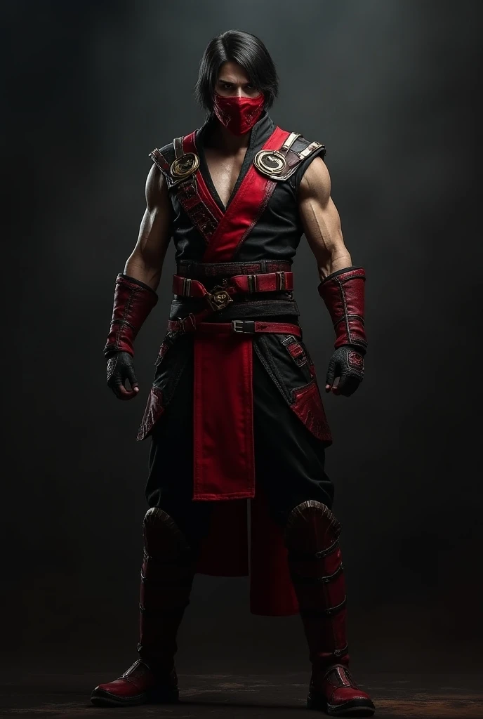 Mortal Kombat character,  mortal kombat mask,  black  and red, short hair  ,full-body images,  guardian,  full  uniform,  male 