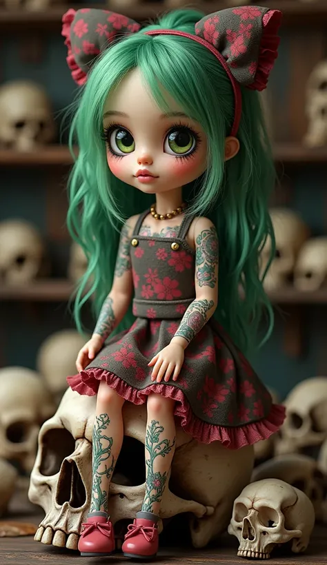 A cute girl  with tattoos and colorful hair sits on an old skull. She has green eyes and the portrait is done in a hyper-realistic, voodoo doll style. The aesthetic is inspired by anime, in the style of the puppet genre. The background is fantasy realism a...