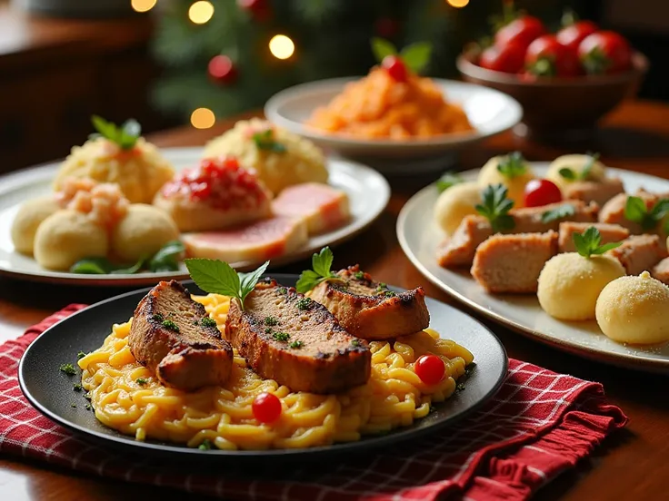  photo of hors doeuvres seen from above 。 content is paella 、Roast Chicken、Terrine 、Potato salad、 salmon roll 。 cake on a separate plate 。 cake is 1 whole cake / cut into 6 paella 。 for Christmas so it makes the surroundings sparkle a little。