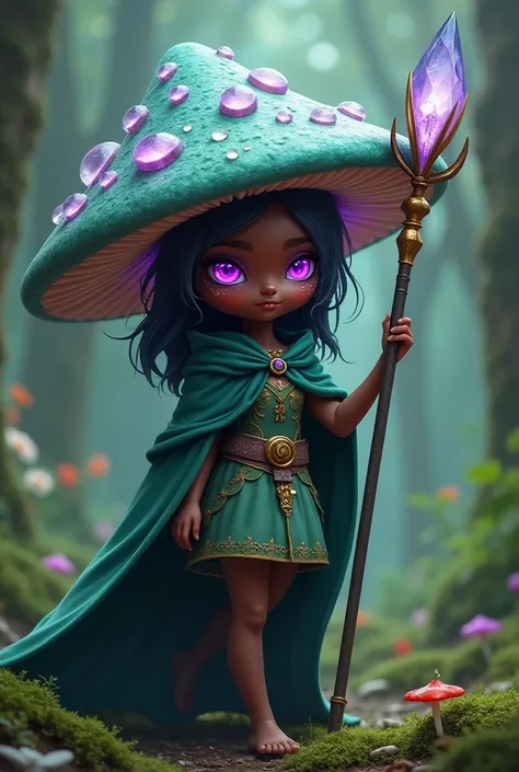 Mushroom girl, wearing mushroom crystal hat, holding staff, magic, 5 ft, purple glowing eyes, dark skin, forest cape