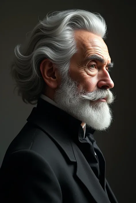 An old man with a well-trimmed gray beard with well-cut large gray hair wearing half-profile black clothing