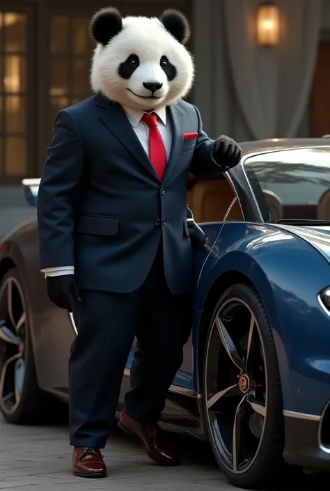  Panda with a suit, getting on a Bugatti 