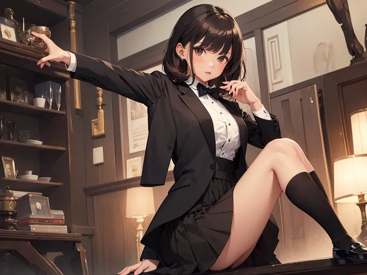 ((best quality)), ((masterpiece)), (detailed), 1girl, asian young woman, short bangs, brown hair, brown asian eyes, feminine, bowtie, black tuxedo jacket, black dress skirt, short white socks, fancy black shoe, casting a spell, dark magic 