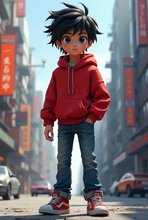 hiro hamada: young robotics genius , disheveled black hair , big and expressive eyes,  dressed in a red sweatshirt and jeans , shoes with sneakers,  characterized by a confident and curious posture,  futuristic urban environment in the background ,  atmosp...