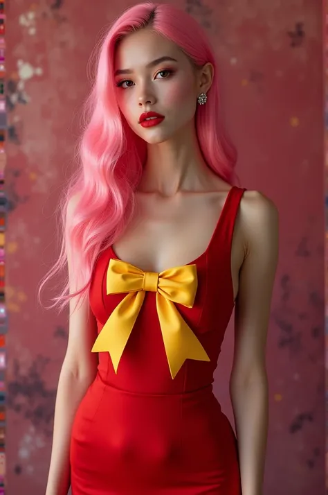 Create an image of a pink-haired woman dressed in a red dress with a yellow bow 