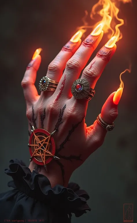 beautfull woman hand, straight hand, magic glowing hand, fiery magic hand of a demoness with black veins, demonic rings with stones on her fingers, magical demonic long manicure, glowing satanic pentagram