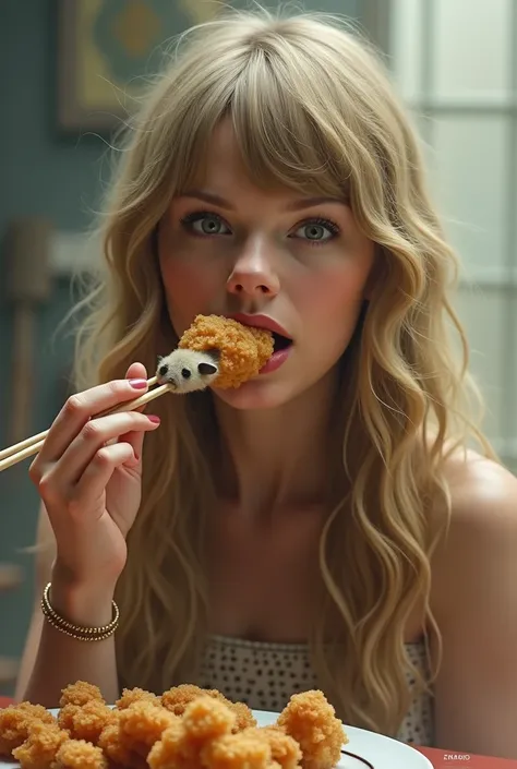 Create singer Taylor Swift eating fried mouse on a skewer