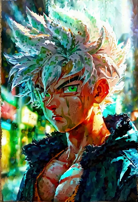 ((Dragon Ball anime style)), , He is a 16 old teenager, very white skin, He has slightly disheveled black hair ,  light green eyes, , muscular body , anime art style Dragon Ball , sexy face, He is dressed in the anime male clothes ,  , 8k, high quality, ma...