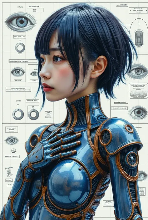  perfect composition, Proper placement, Golden Ratio,  best quality:1.1, masterpiece:1.1,  super detailed:1.1, from front:1.331,  very cute,  anatomically correct 5 fingers ,  mind map of Japanese female cyborg entries, Outputs and Processors, Multiple exp...