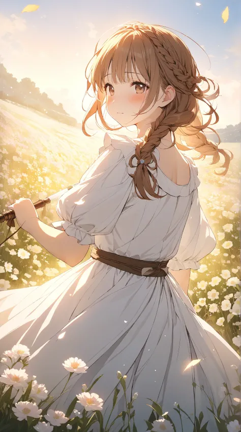 1 girl, ( cute face), Braided Hair, to many hairstyle, (blush:1.2),  shy expression , look back,  small breasts,  Fantasy Healer Clothes, healing wand,  Clear Skin , break, Warm Light, (Gentle Light:1.3), (Atmosphere of Love :1.3), break, Flower Field, Flo...