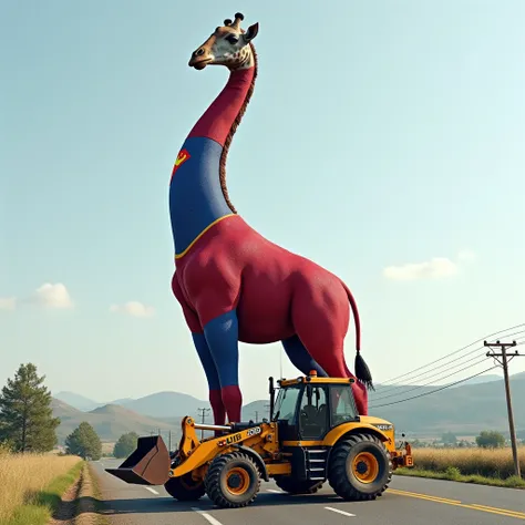 Create a 3D image, on a road side, of a JCB made of superman, the giraffes body is huge and completely covered in supermans iconic dress, composed of materials