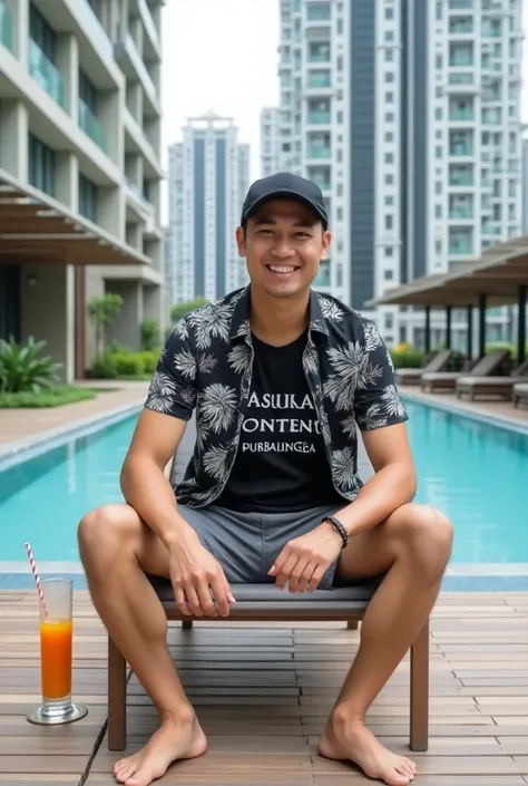 A  Indonesian man, s, sitting barefoot on a lounge chair on a wooden deck near a modern outdoor swimming pool, with tall buildings towering in the background with a blue swimming pool. He was wearing a short-sleeved black and white shirt with a tropical pa...