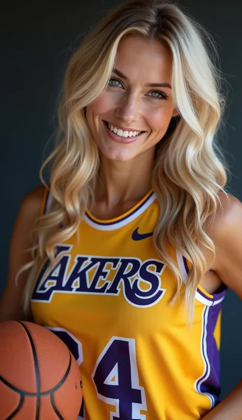 a gorgeous female, blonde hair blue eyes, portrait,  wearing a lakers basketball jersey,holding basketball under arm,  ultra realistic, bigger boobs, beautiful smirky smile, winking,looking flirty,  use a high-resolution 16k camera with a 16:9 aspect ratio