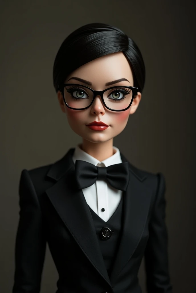 Make a ventriloquist doll that always wears an elegant black suit,  often accompanied by a vest .

 She wears a black bow tie ,  which is one of his trademarks .

thin-rimmed glasses,  face that gives off an intellectual air .

 Her hair is styled neatly ,...