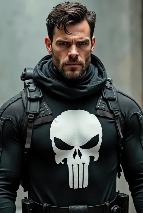 Rosto de Henry Cavill,wearing tactical clothing,with a large white skull on the chest