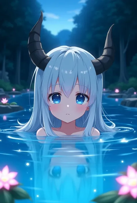 Japanese anime illustration. The artwork depicts a beautiful young girl with long white fluffy hair, horns on her head, blue eyes, thick eyelashes, and fair skin, completely immersed in a mesmerizing deep blue pond with sparkling waves. The background is a...