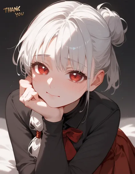 1 person,girl,White hair,Hair tied a knot,White hair, in red eyes ,shy, long sleeve black shirt,Red skirt,thank you,Yandere,Chin Protection Hand