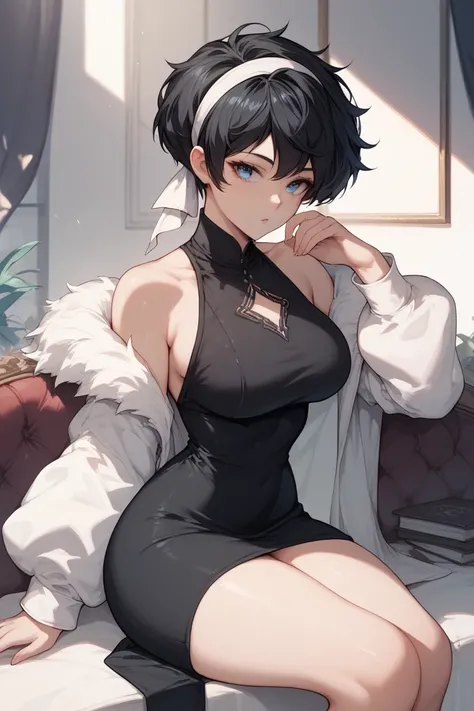  1woman, blue eyes, short black pixie style hair, black dress, white headband,Black hair,Anime style,  White long sleeve , sitting ,curvy body,zoom on the face