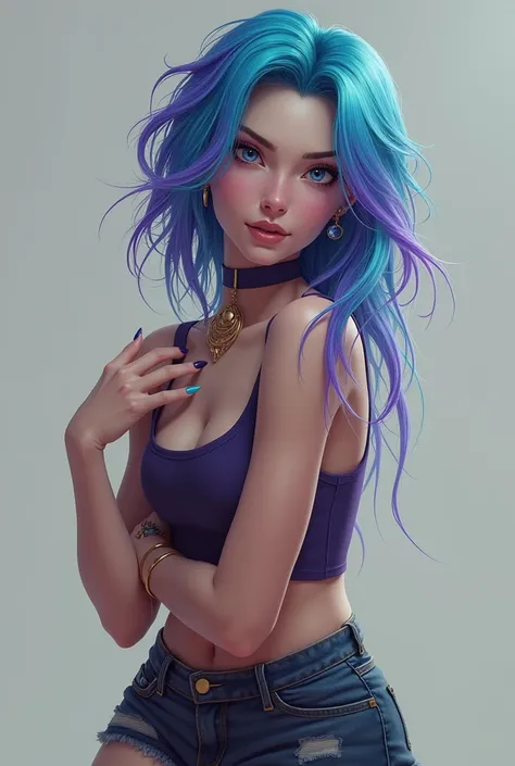 Try to make me a realistic picture of Jinx from the netflix show Arcane try to make it like a real human, show full body of her and try to make her  more womanly make her weight 50kg and 164 cm high with blue and purple nails colors 