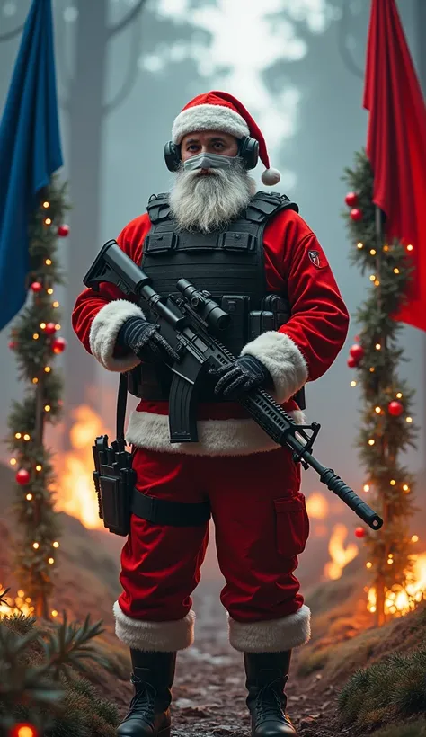 Military soldier dressed as Santa Claus with a jpc tactical vest on his face with lenses and facial protection or bataclava , hearing protection  ,a rifle in hand  , a gun in the leg with 2 flags one blue and the other red and with a non-blurred background...