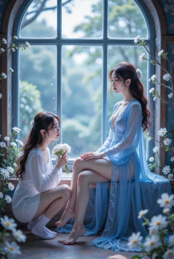 arad woman in a blue dress sitting on a window sill, anime girl holding flowers ,  trending on cgstation , 8k high-definition de...