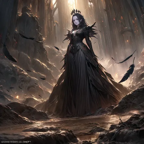 Demon Character ，Non-human ， A woman wearing a black gothic black velvet dress,  Smooth Gray Skin , Light Tattoos on Gray Skin ，Seductive ，Black Medium Hair，The forehead is covered with a crown of crows pointed armor， hair decorated on both sides with blac...