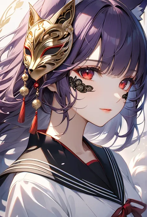 Upper body close-up（((masterpiece), on)"A fox-eared woman with a fluffy tail, wearing an elegant Japanese-style modern sailor uniform, her upper face fully concealed by a black lace mask adorned with intricate patterns and golden accents, long wavy purple ...