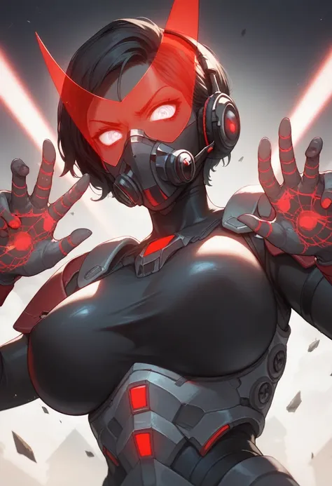 (masterpiece), perfect eyes, best quality, female, young adult woman, black hair, big breasts, angry, visible eyes, eyeshadows, angry, villainess, completely black battle armor, black skin tight armor, short hair, black hair, tech armor, full face muzzle, ...